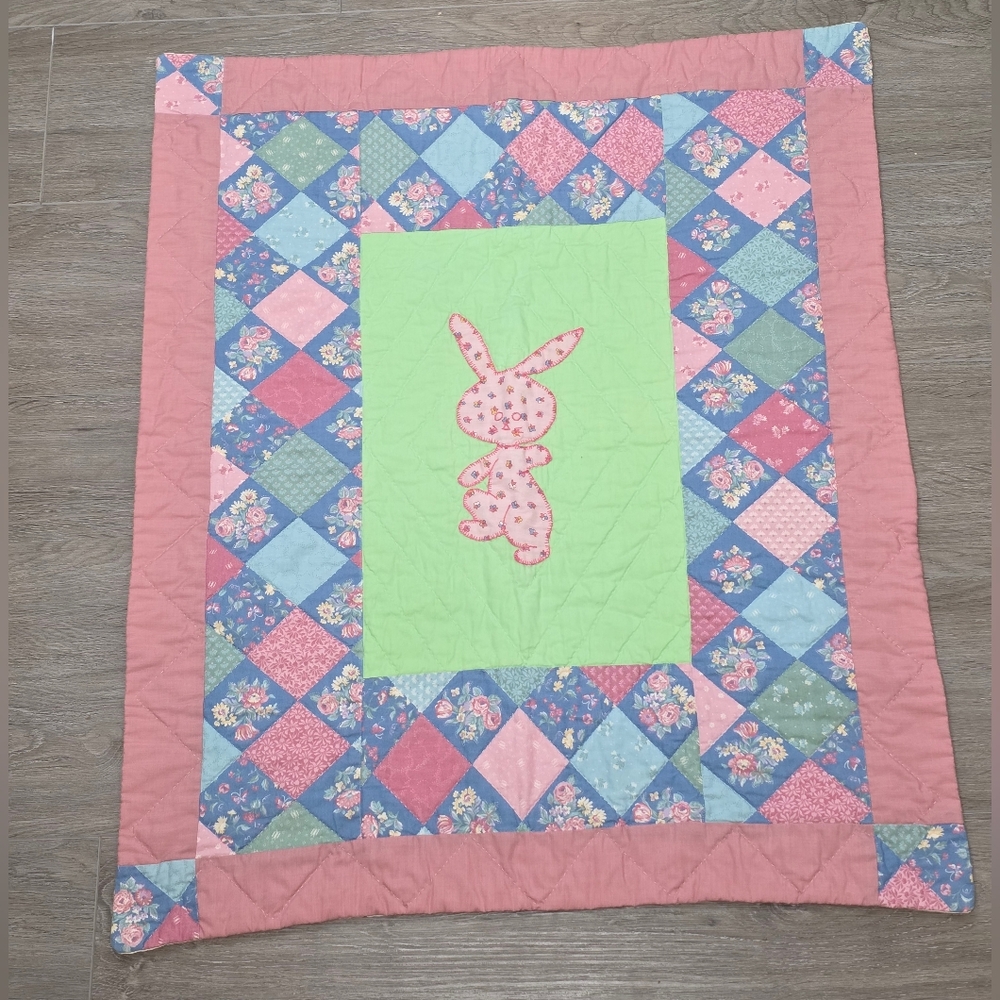 Handmade Bunny Baby Quilt 25 X 30 Inches Doll - Reborn Doll Wall Decor Rabbit